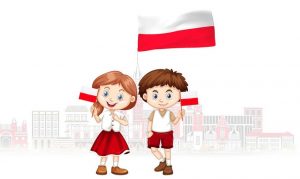 Grafika przedstawia dwójkę dzieci w wieku szkolnym, dziewczynkę i chłopca, ubranych w stroje w kolorach biało-czerwonych, trzymających flagę Polski