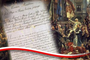 Obraz przedstawiający rękopis Konstytucji 3 Maja po lewej stronie oraz scenę z uchwalenia Konstytucji – entuzjastyczny tłum niesie marszałka Stanisława Małachowskiego z uniesionym dokumentem – po prawej stronie. Obie części obrazu oddzielone są wstęgą w barwach flagi Polski.